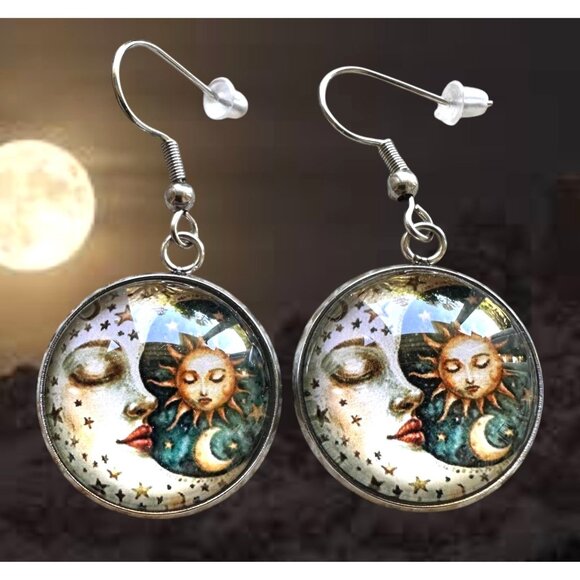 Moon Star Sun Earrings Navy Blue Eclectic Planet Astrology Zodiac Celestial Taro - Picture 6 of 12